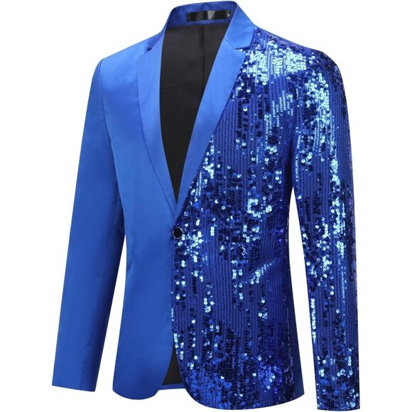 Men's Colorblocking Sequin - Blue Stylish Dinner Tux Dress Blazer Slim Fit Coat - Picture 2 of 6